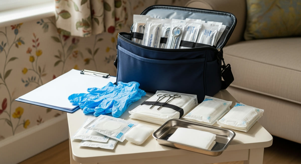 Clean mobile podiatry kit prepared for a home visit