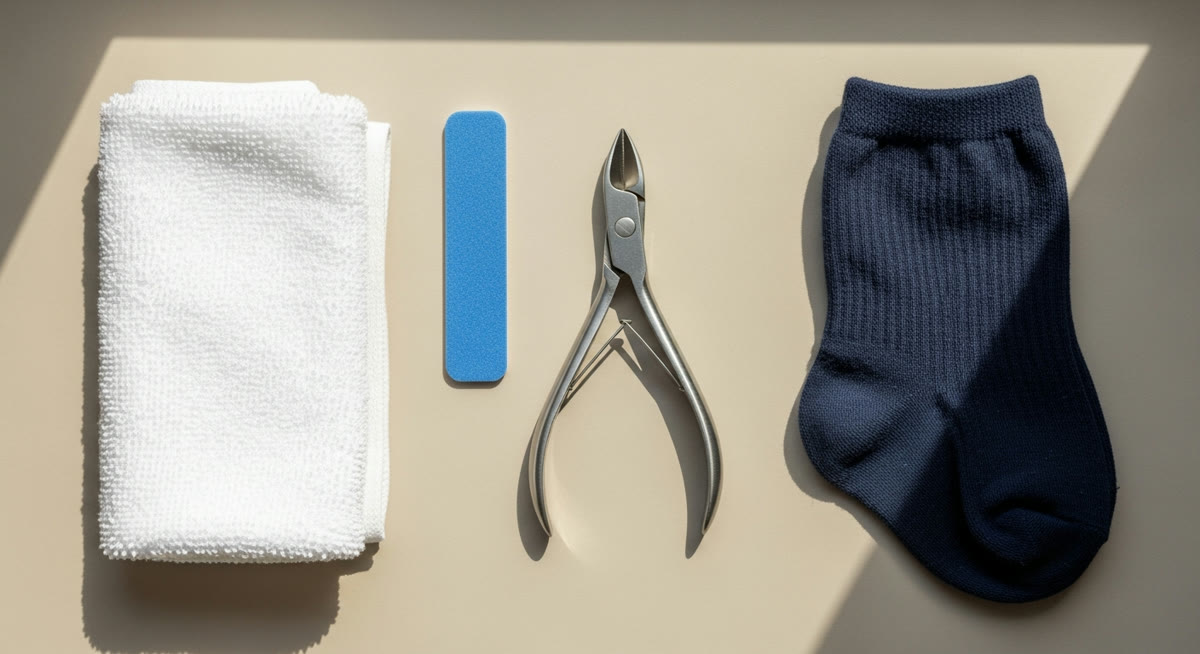 Podiatry nail nippers, file, towel and socks arranged for safe foot care