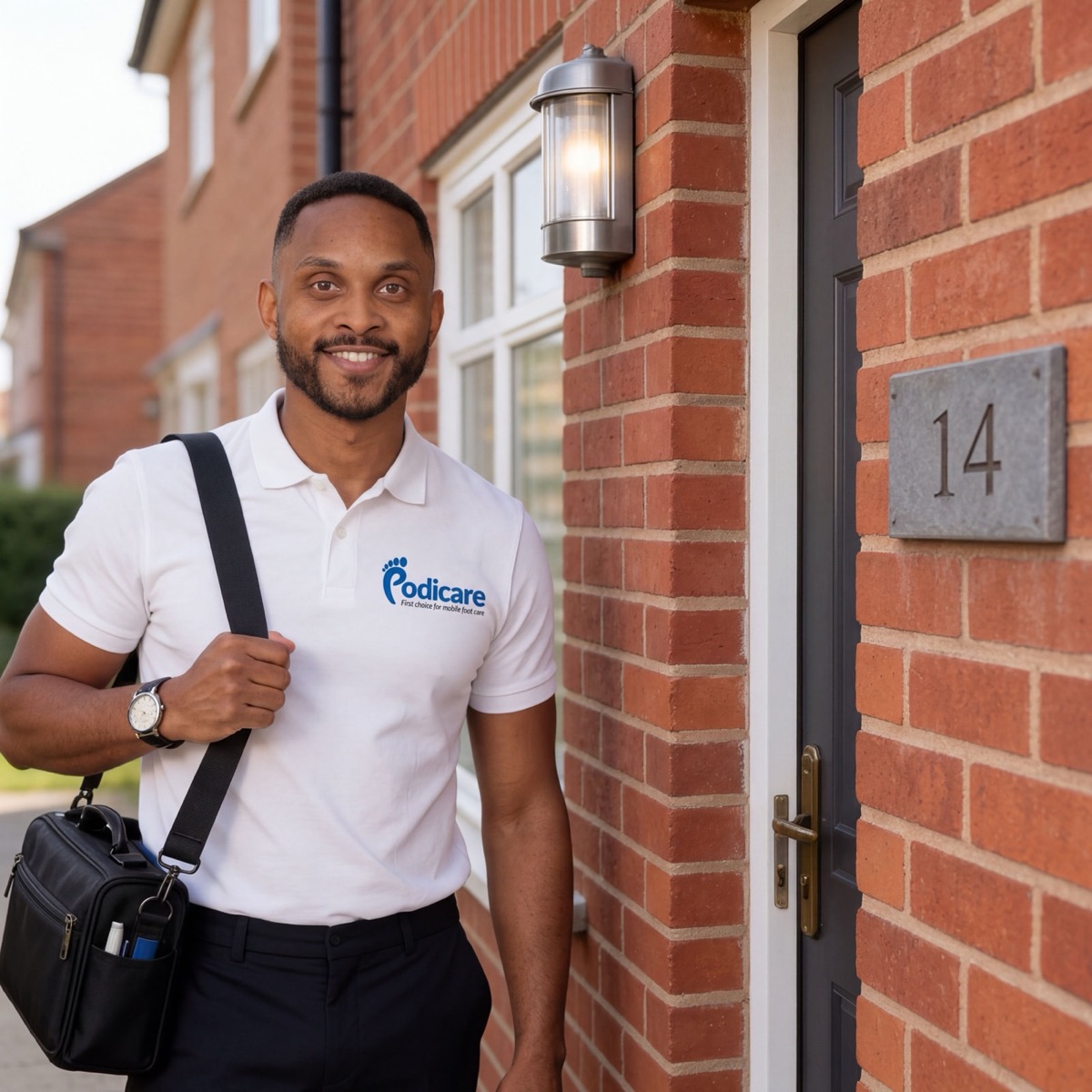 Ian Michaels arriving for a home visit in his Podicare polo shirt, kit bag over his shoulder