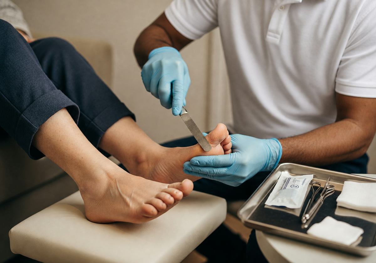 Ian treating hard skin on a patient’s foot at home