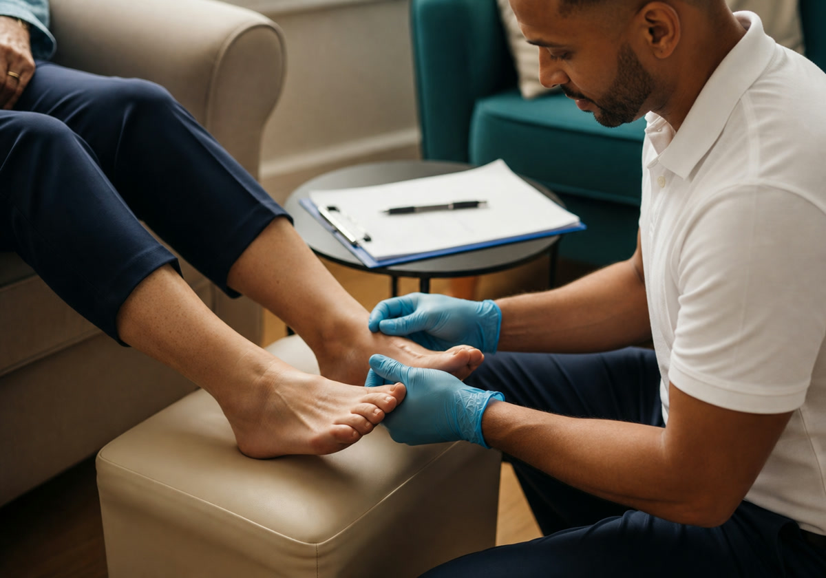 Ian examining a patient’s feet during a home health assessment